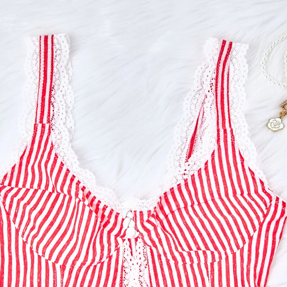 Striped Lace Trim V-Neck Slim Fit Camisole Top for Women