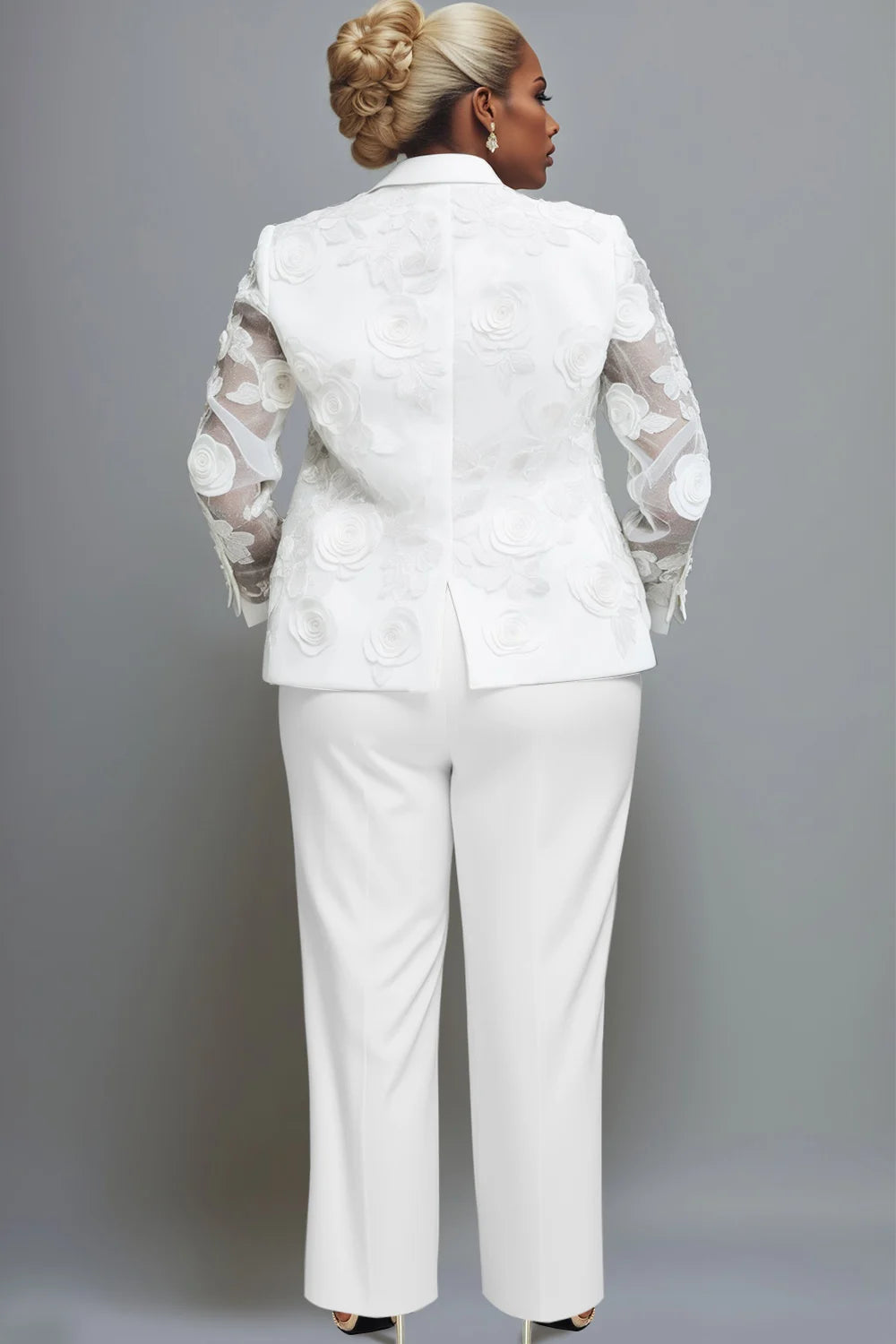 Plus Size Wedding White Elegant Lapel Collar Long Sleeve See Through 3D Two Piece Pant Suits