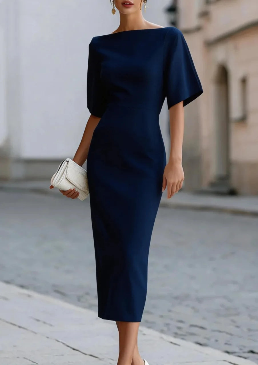 Elegant Office Midi Dress With Short Sleeves For Women