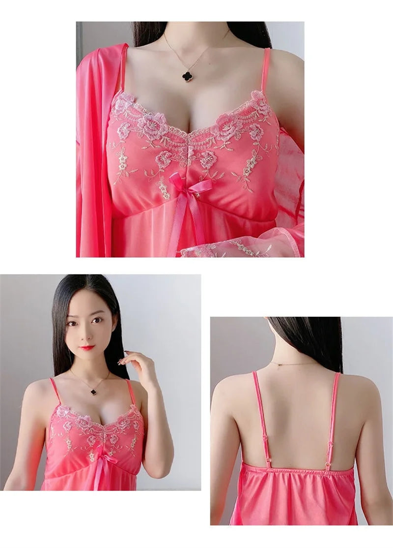 Comfortable Relaxed Fit Lace Up Two Piece Robe Set For Women