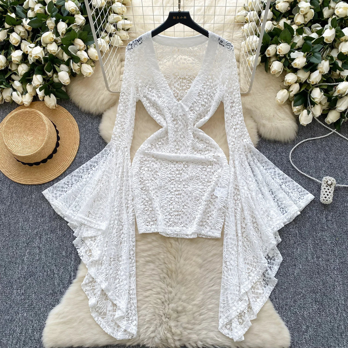Sheer Lace V Neck Mini Dress With Flared Sleeves for Women