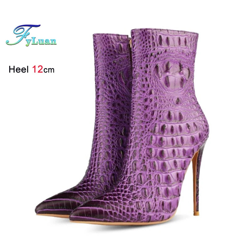 Purple Crocodile Stiletto Ankle Boots