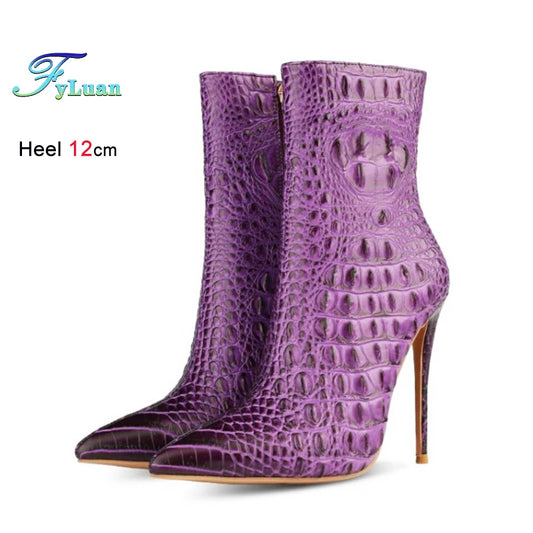 Purple Crocodile Stiletto Ankle Boots