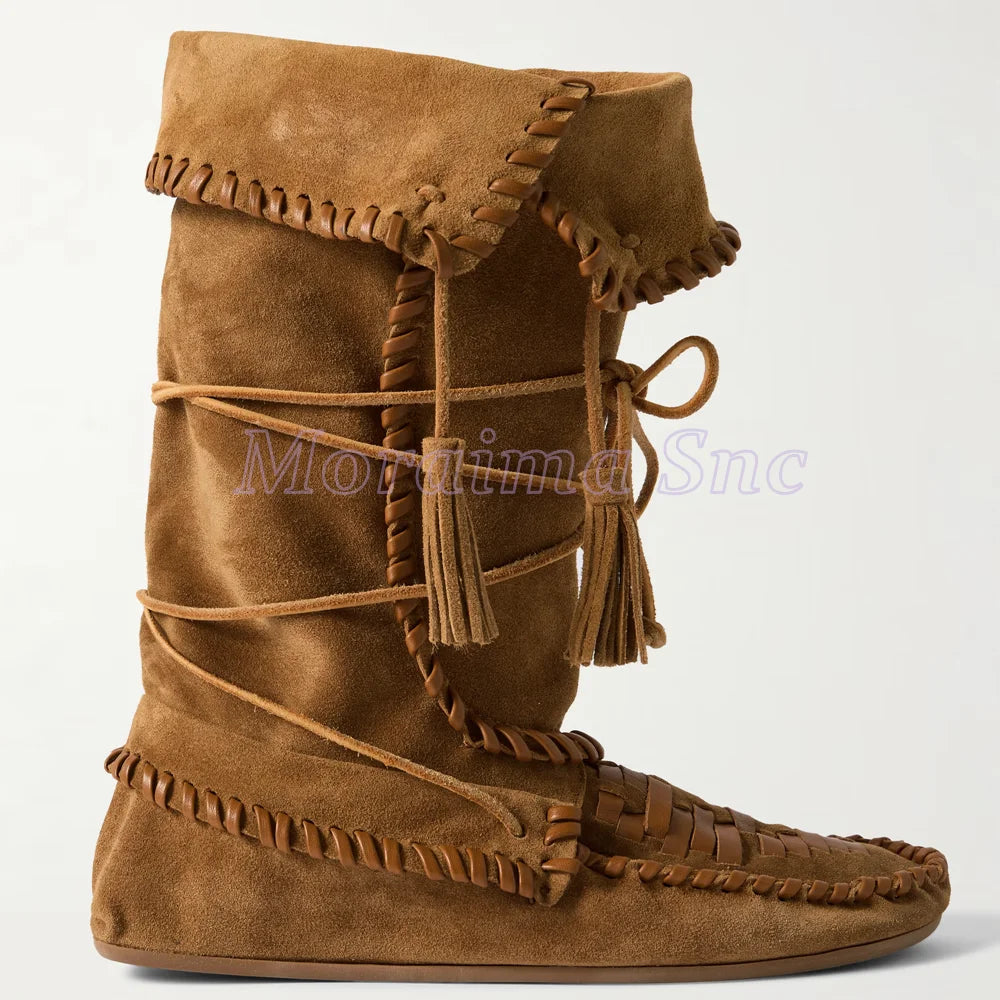 Fringe Cross Strap Suede Lace Up Ankle Boots For Women