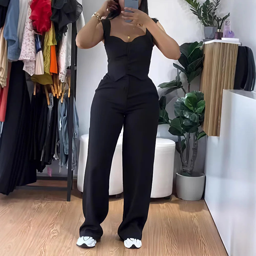 Elegant Solid Color Strapless Suspender Vest Trousers Two-Piece Set for Women