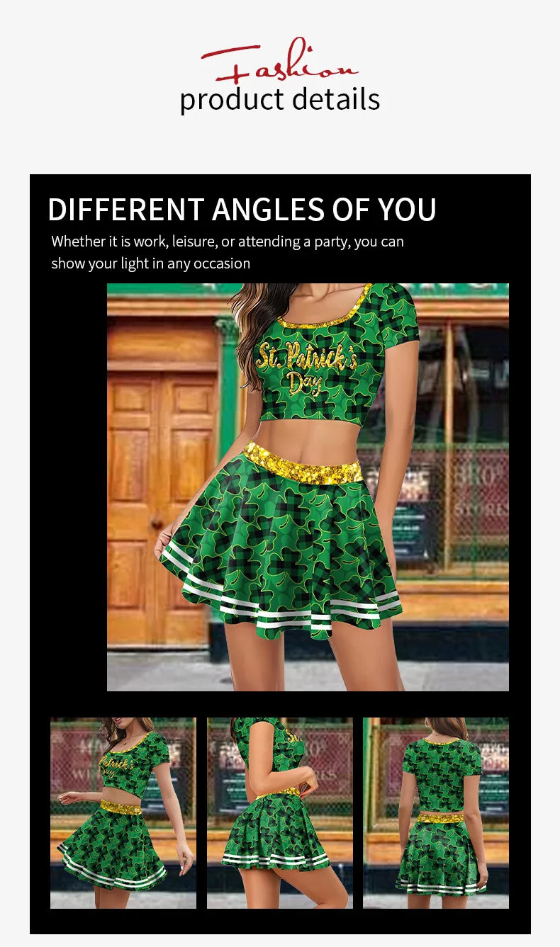 Festive Irish Green Shamrock Plaid Knit Skirt Set for Women
