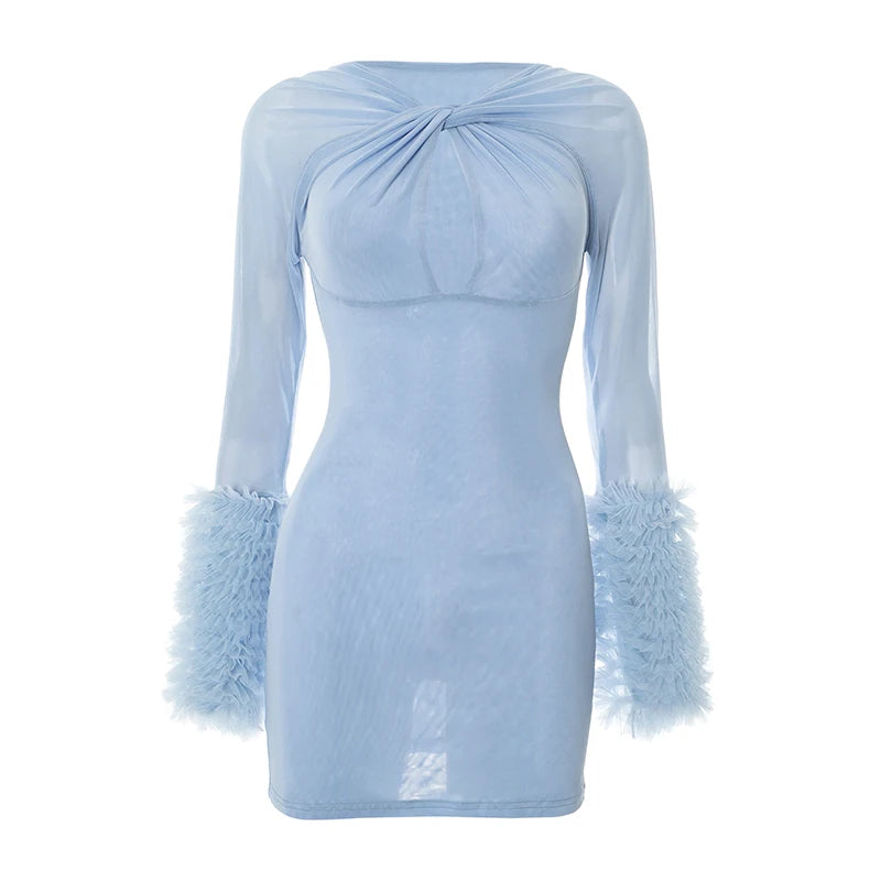 Weird Puss Furry Patchwork Dress Women See Through Full Sleeve Sexy Hollow Cross Elegant Luxury Banquet Birthday Party Clubwear