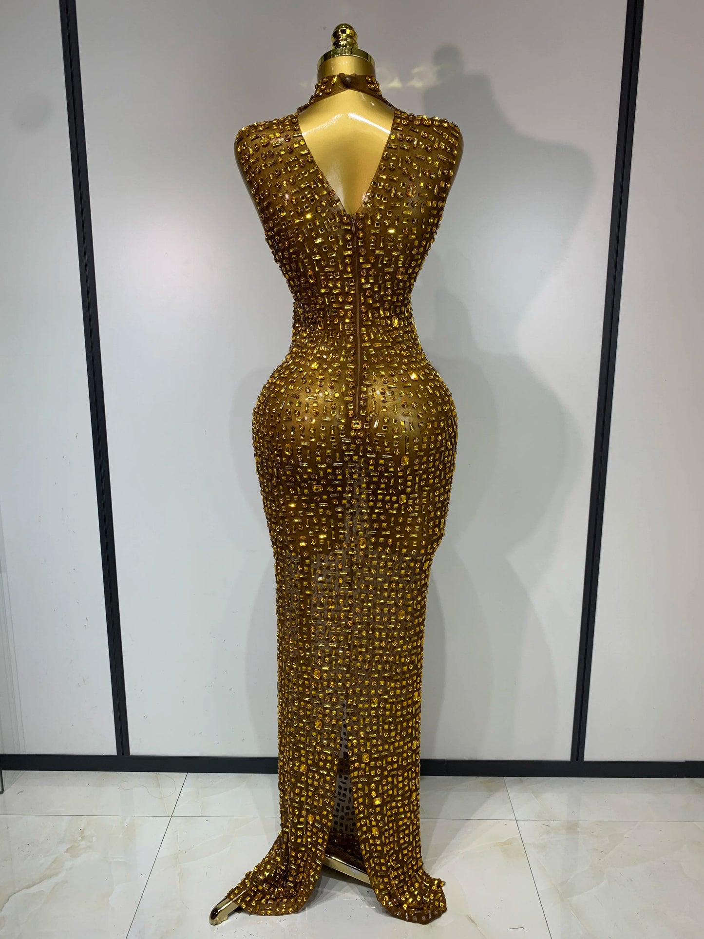 Sparkly Gold Rhinestone Sleeveless Stretch Long Dress Women Sexy Mesh Celebrate Evening Prom Birthday Dress Photo Shoot Wear