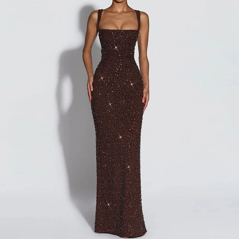 Elegant Sequined Backless Sleeveless Maxi Party Dress for Women