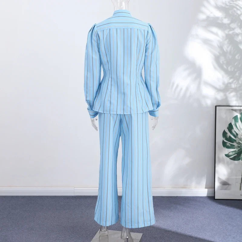 Blue Striped Puff Shoulder Shirt And Pants Set For Women