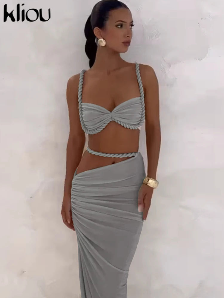Woven Pleated Crop Top and Maxi Skirt Two Piece Set for Women