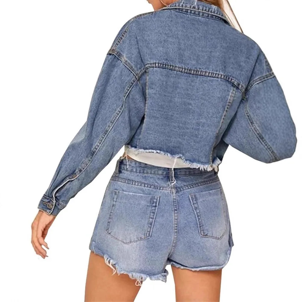 Vintage Distressed Denim Jacket With Turn Down Collar for Women