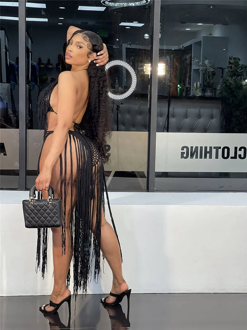 Sexy Crochet Knitted Beach Summer Dress Women Halter V-neck Tassel Backless Maxi Dress Vacation Sheer Long Dresses Swimsuit 2022