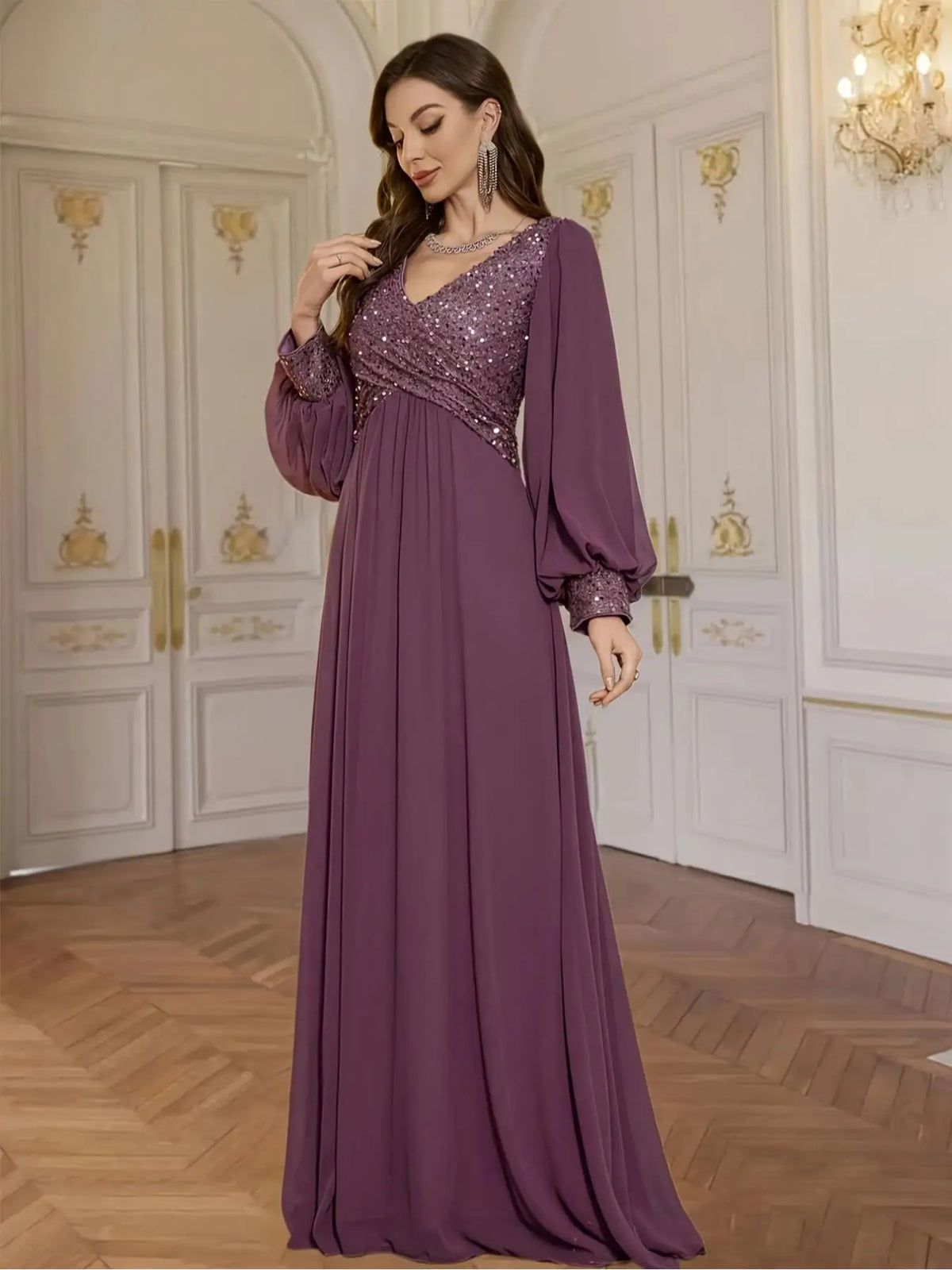 V-Neck Sequined Chiffon Evening Gown