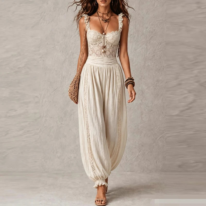 Elegant Lace Trim V Neck Sleeveless Jumpsuit for Women