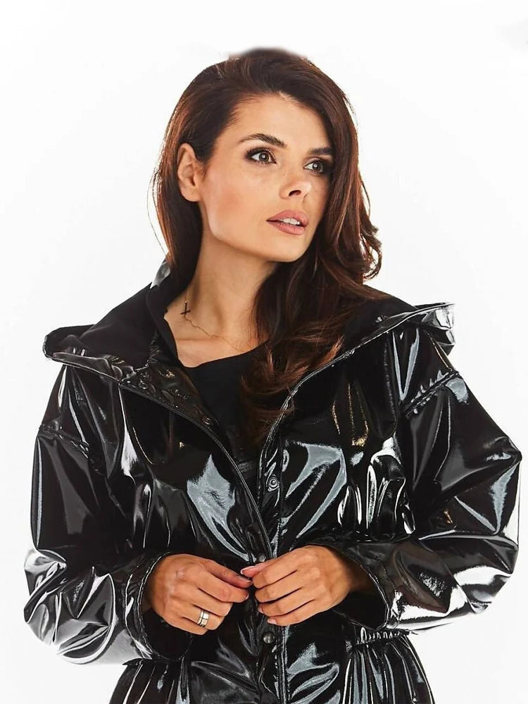 Women Casual Patent Leather Hooded Trench Loose Fashion PVC Long Coats Button Jackets Long Sleeve Plus Size PU Outwear Custom