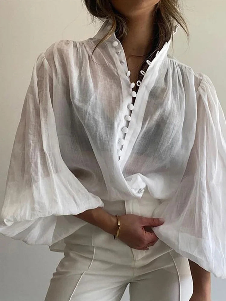 Elegant White Stand Collar Puff Sleeve Blouse for Women