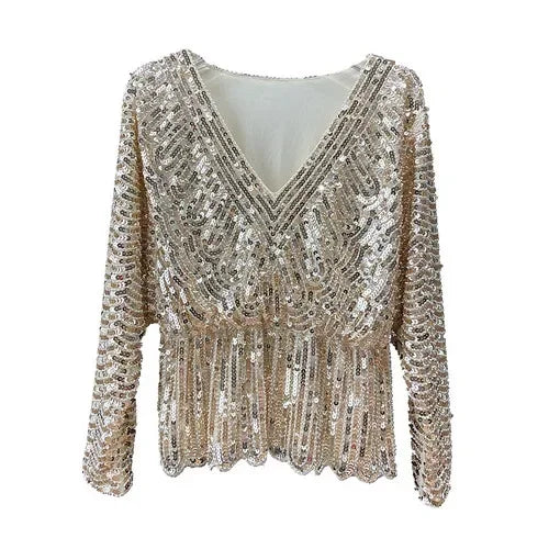 Ladies New Heavy Handmade Bling Beaded Sequins Batwing Sleeve Top Slimming Oversized Blouse Elegant Nightclub Pullover Shirts