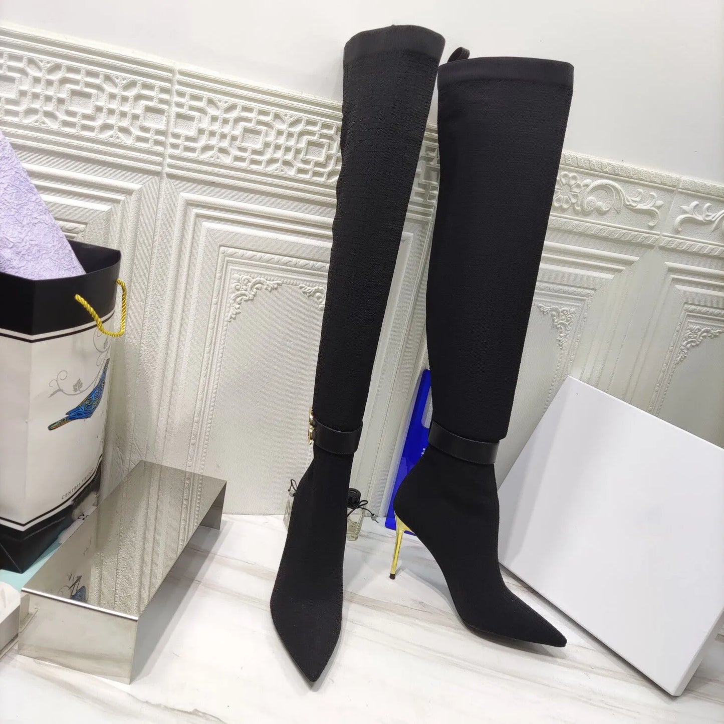 Over The Knee Stretch Pointed Toe With Buckle Sock Boots For Women
