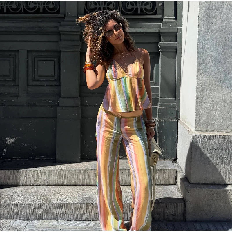 Cotton Striped High Waist Two Piece Summer Set For Women