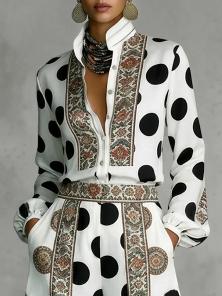 Floral Polka Dot Blouse And Wide Leg Pants Set for Women
