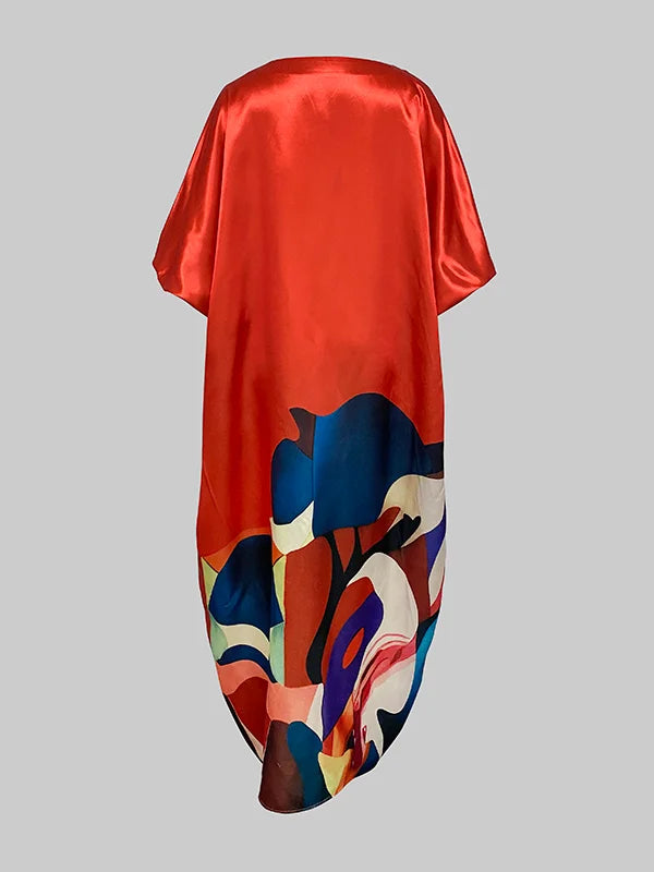 Gymystars Elegant Party Dresses Flower Print Maxi Dress Fashion Loose Puff Sleeves Split-Front Casual Red Evening Dress Ladies