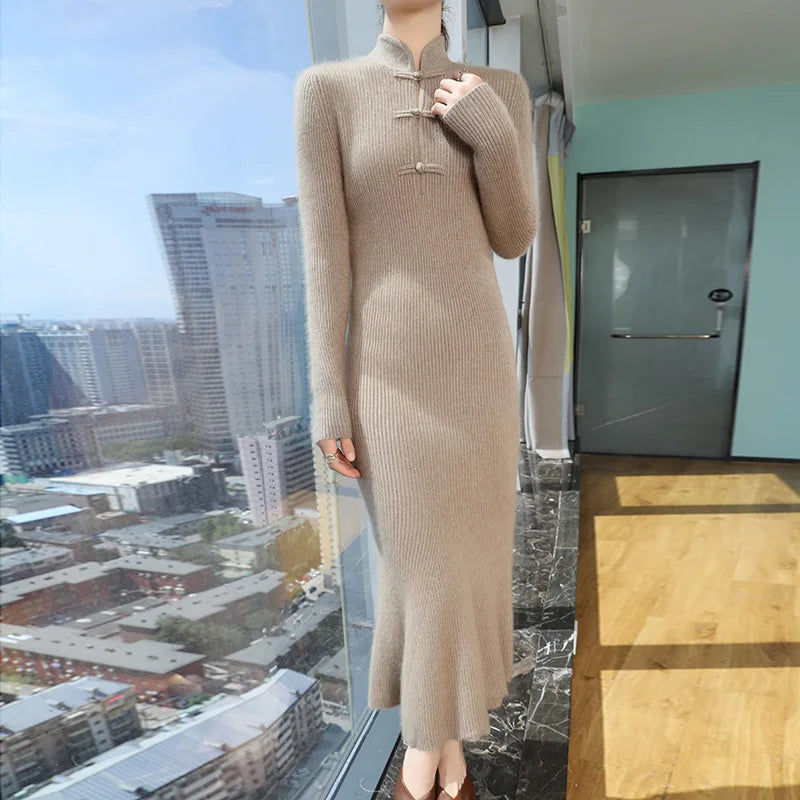 Stand Collar Ankle Length Fishtail Knit Dress for Women