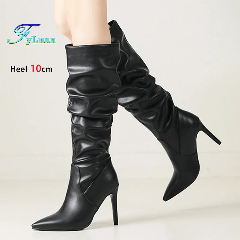 Pleated Stiletto Pointed Toe Boots