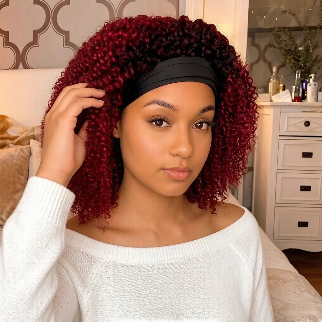 Burgundy Ombre Kinky Curly Human Hair Headband Wig for Women