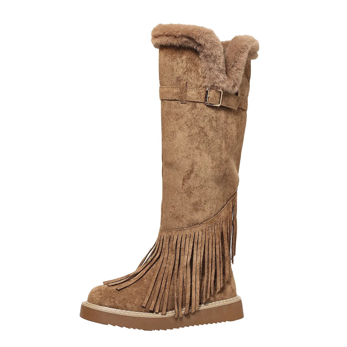 Faux Fur Lined Suede Knee High Fringe Boots for Women