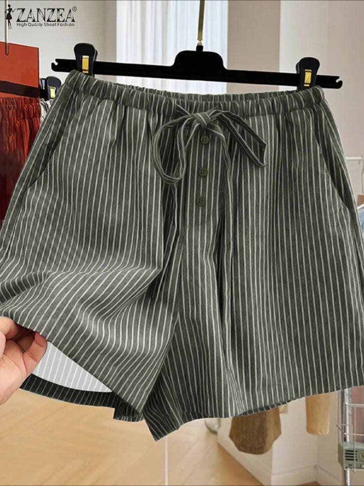 ZANZEA Woman Fashion Striped Shorts 2025 Summer Lightweight Elastic Waist Lace-Up Short Trousers Casual Loose Day Wear Bottoms