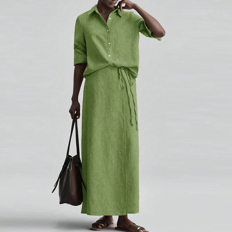 Loose Lapel Two Piece Shirt And Skirt Set for Women