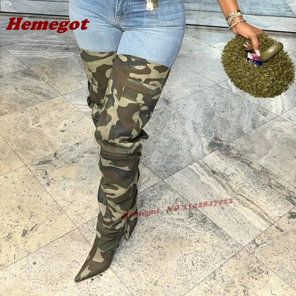Camouflage Pocket Decor Pointy Toe Over The Knee Boots for Women