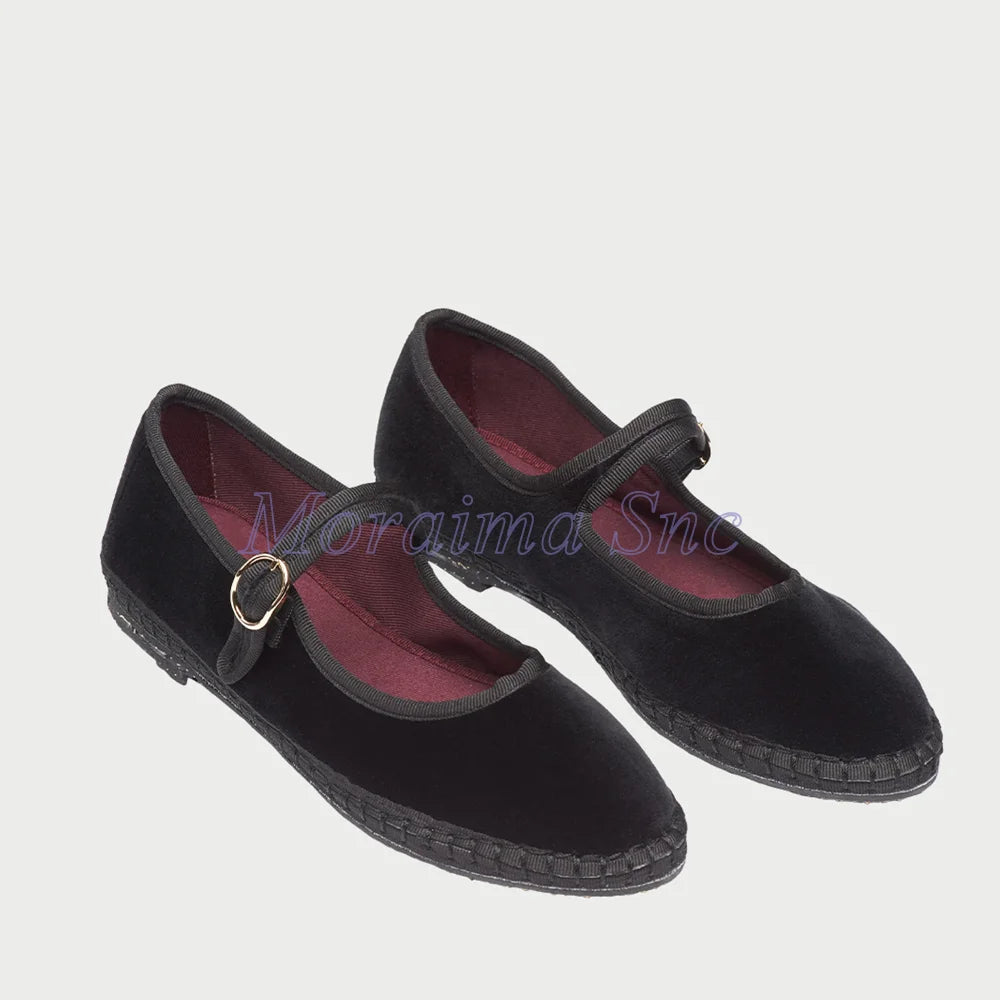 Round Toe Grey Velvet Mary Jane Ballet Flats for Women