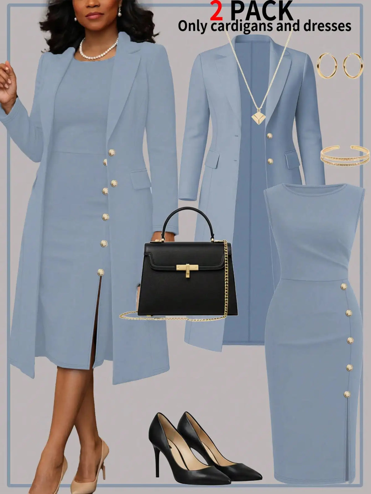 Women's New Autumn and Winter Elegant Set: Solid Color Long-Sleeved Open-Front Blouse, Long Coat + Versatile Fitting Mid-Length Sleeveless Buttoned Dress Two-Piece Set