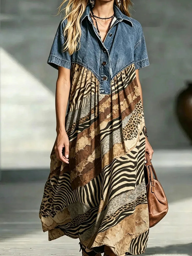 Leopard Print Denim Panel Maxi Dress