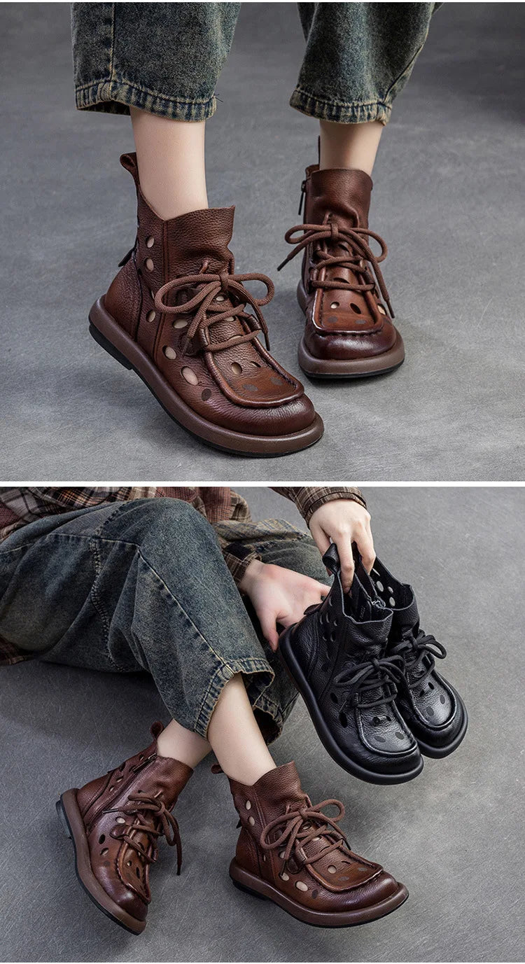 Breathable Hollow-Out Genuine Leather Ankle Boots for Women