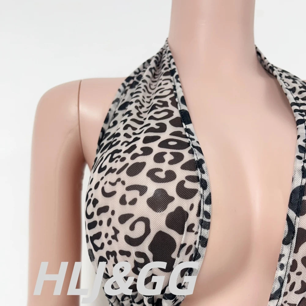 Leopard Print Halter Backless Bodycon Jumpsuit for Women
