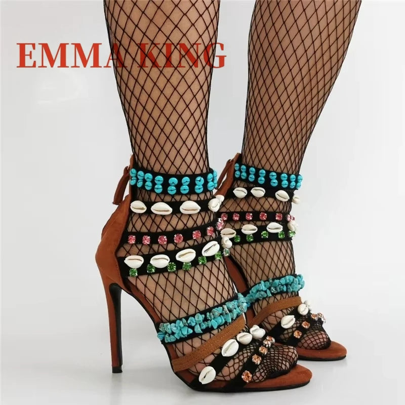 Crystal Shell Decor Stiletto Sandals for Women Party Footwear