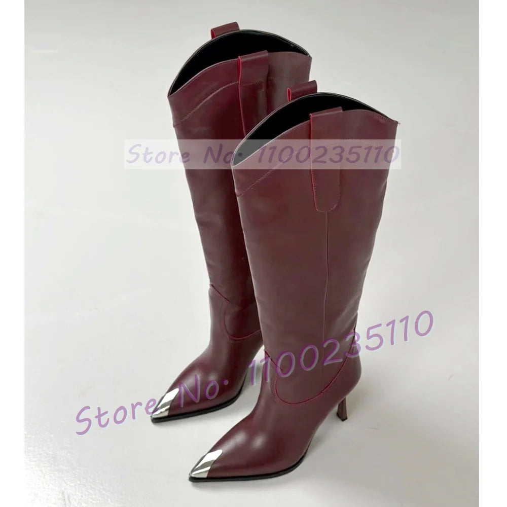 Brown Metal Pointed Toe Knee High Boots Women Stylish Thin High Heels Dress Shoes Ladies V-shaped Hollow Upper Cool Tall Boots