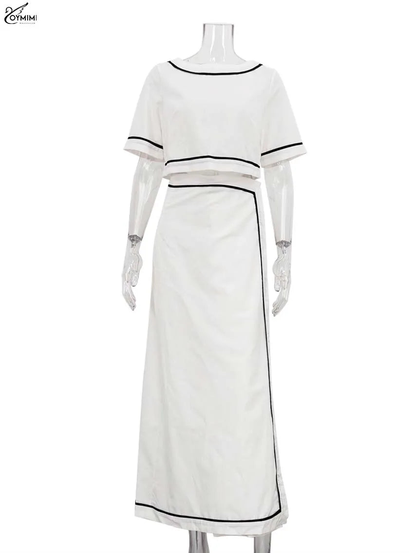 Oymimi Fashion White Cotton Two Piece Outfits Woman Elegant O-Neck Patchwork Short Sleeve Open Back Tops And Straight Skirts Set