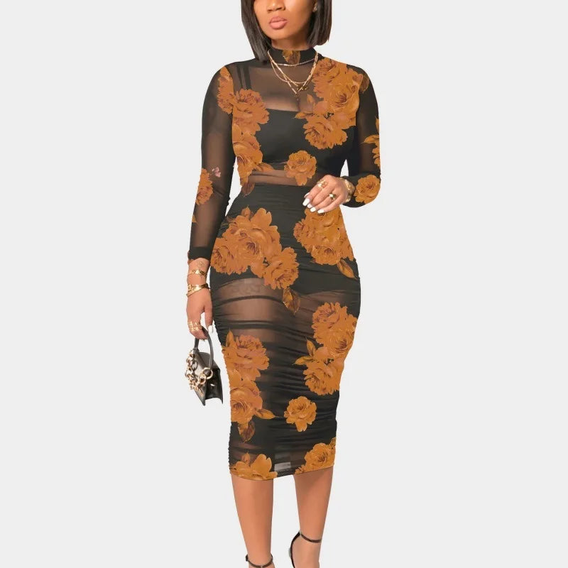 Long Sleeve Mesh Maxi Dress with Stripe Print for Women