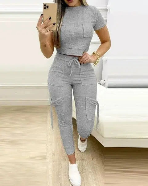 Cropped Tee and Long Pants Two Piece Set for Women