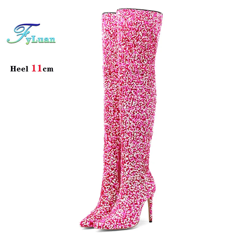 Sequin Pointed Toe Over The Knee Stiletto Boots For Women With Rear Zipper