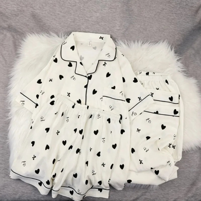 Korean Cute Heart Bow Print Pajamas Set Women 3 Piece Summer Soft Harajuku Style Homewear Sweet Love Pattern PJ Loungewear