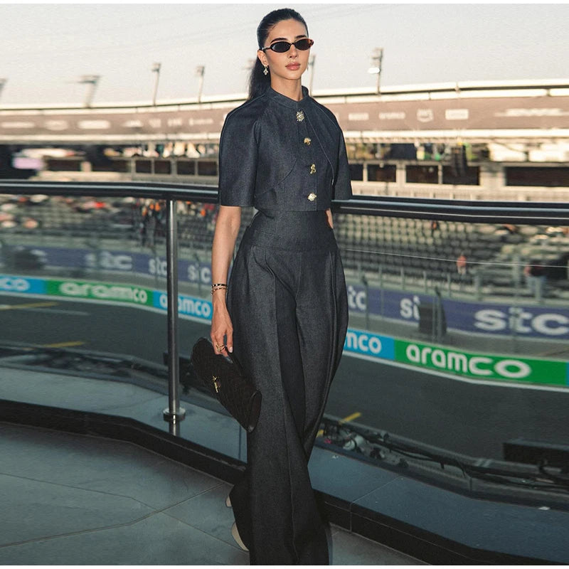 Single Button Denim Jacket With Wide Leg Pants For Women