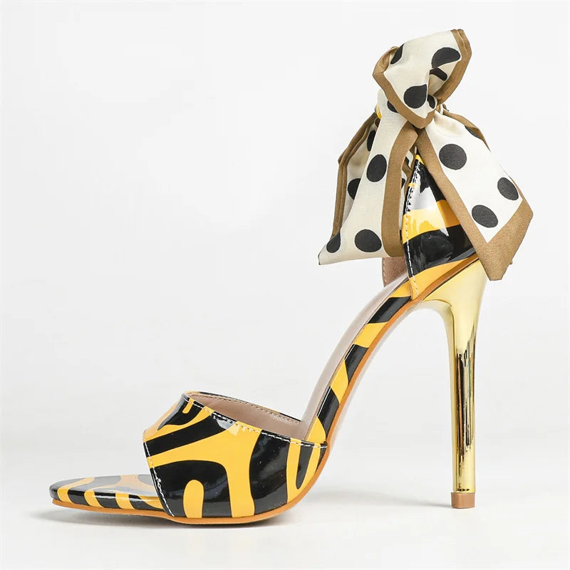 Zebra Pattern Silk Lace Up Leather Open Toe Sandals for Women