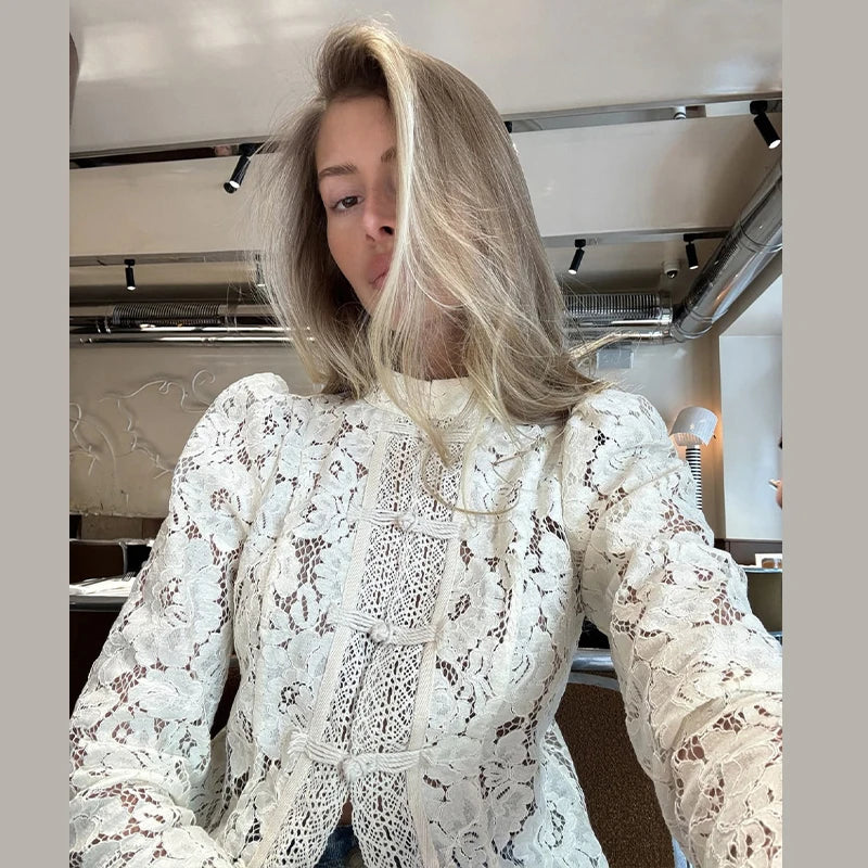 Elegant Embroidered Puff Sleeve Hollow Out Lace Blouse for Women