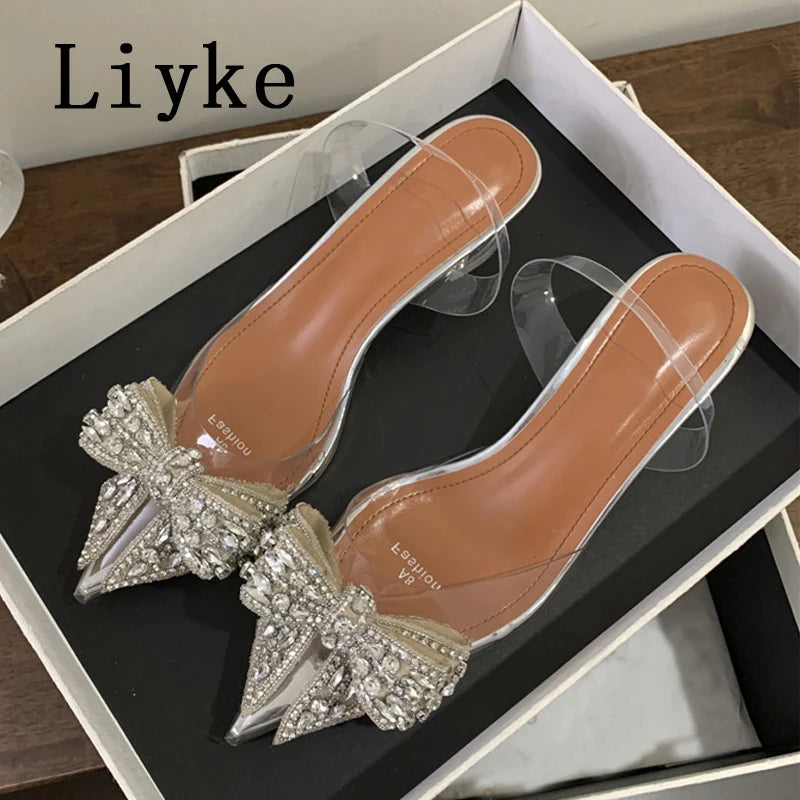 Crystal Bowknot Clear Pointed Toe Pumps for Women Wedding