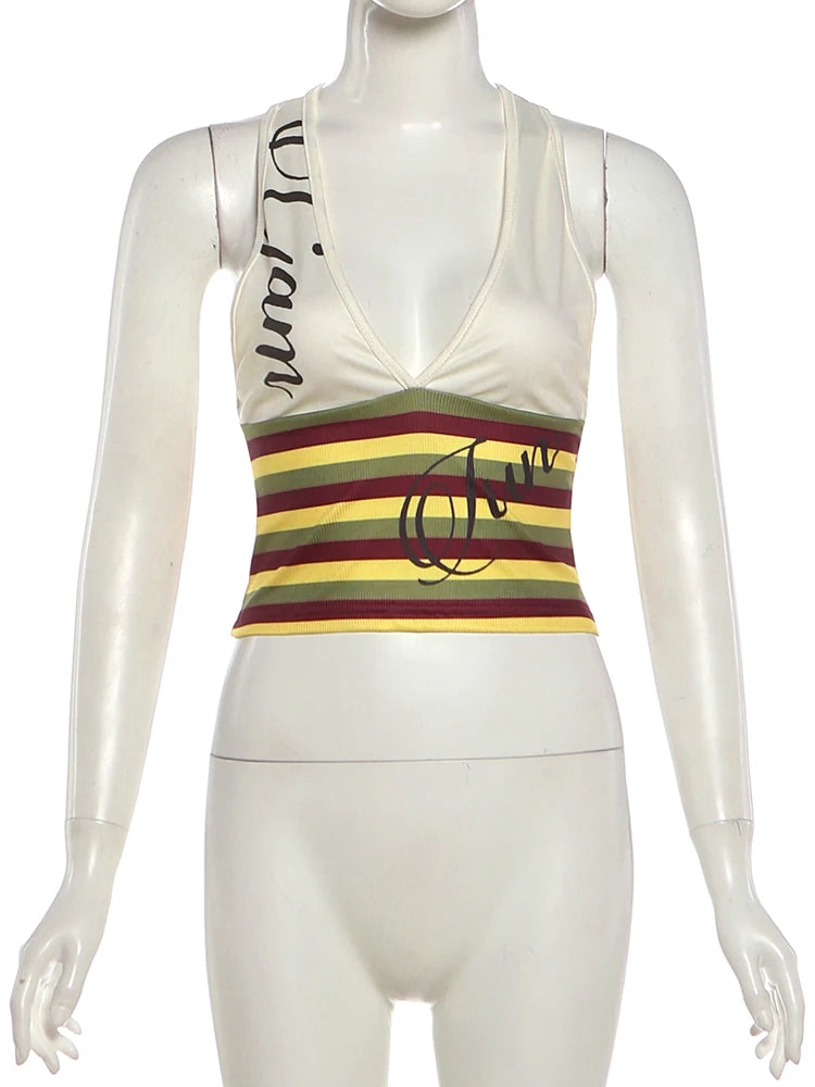Patchwork Stripe V Neck Backless Tank Top for Women